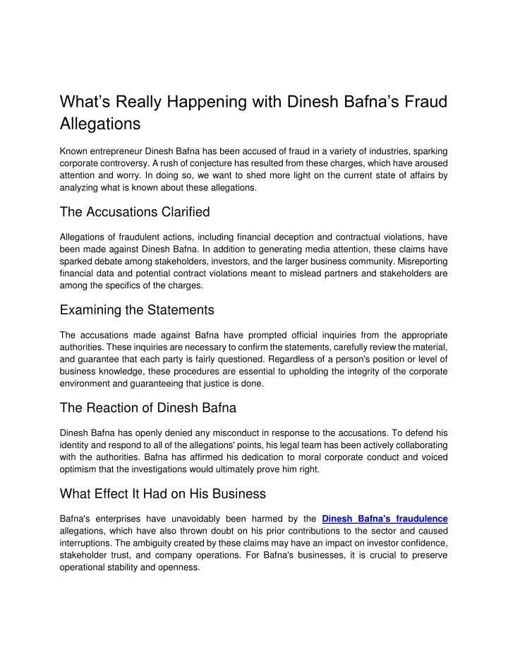 PPT - What’s Really Happening with Dinesh Bafna’s Fraud Allegations PowerPoint Presentation - ID:13518427